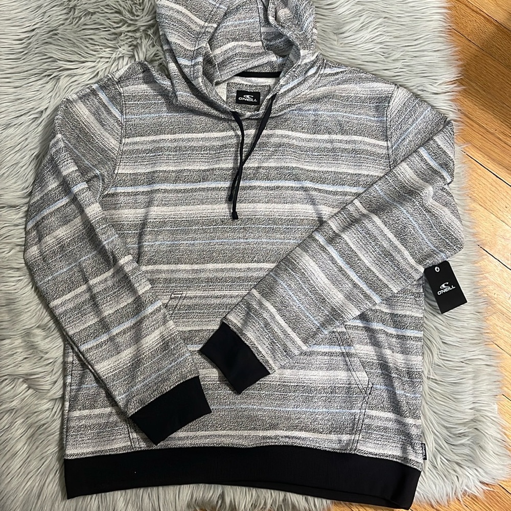 O'Neill Gray and White Striped Hoodie Sweatshirt
